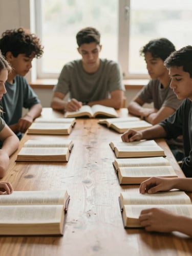 Candid, unposed medium shot of a small group of serious students sitting around a wooden table with open Bibles, soft low-contrast lighting