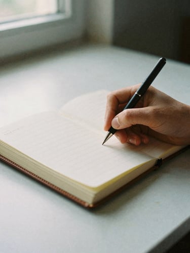 Close-up of a hand writing notes in a leather-bound journal, minimalist desk, soft natural window light, deep shadows, 35mm film grain, muted earth tones