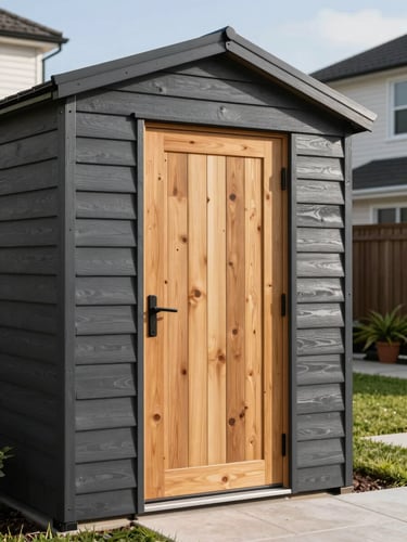 Crisp architectural photography of a modern charcoal wooden shed with a warm cedar door, framed in a clean residential backyard, bright morning sunlight, 35mm lens.