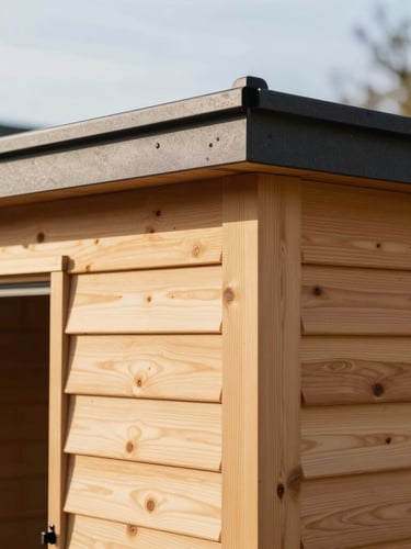 Crisp architectural photography, bright morning sunlight, close-up macro shot of premium timber joinery and warm cedar siding on a modern shed, clean architectural details, 35mm lens