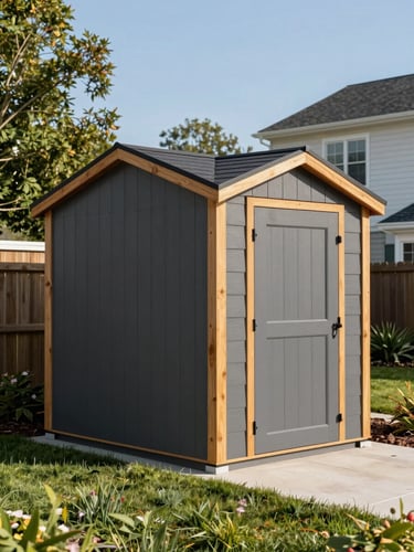 Crisp architectural photography of a modern charcoal gray shed with warm cedar trim in a manicured Delaware backyard, bright morning sunlight, 35mm lens
