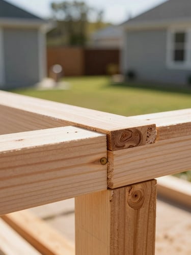 Close-up macro shot of a carpenter securing raw timber joints on-site, bright morning sunlight, warm cedar tones, 35mm lens.