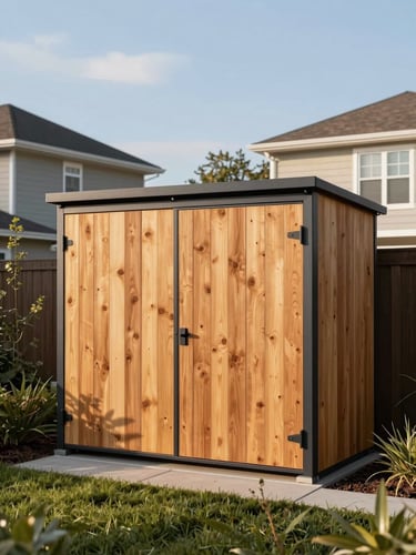 A sleek modern storage shed with warm cedar siding and deep charcoal trim, nestled perfectly in a manicured suburban backyard, crisp morning sunlight, architectural photography, 35mm lens.