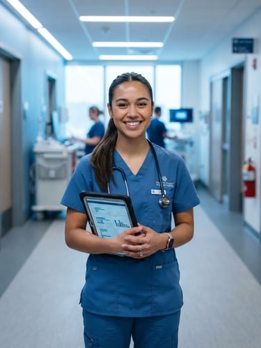 Medium shot of a smiling healthcare student in blue scrubs holding a digital tablet in a bright clinical hallway, cool blue undertones, sharp focus, 35mm