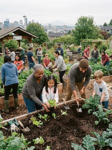 Wide panoramic Washington community garden workshop, diverse group of people of all ages planting vegetables together, soft overcast Pacific Northwest daylight, earthy natural tones, candid community connection, 35mm film