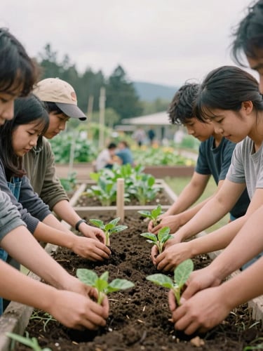 Medium shot of diverse community members, hands planting seedlings in a vibrant community garden, soft overcast Pacific Northwest daylight, earthy natural tones, candid interaction, 35mm film