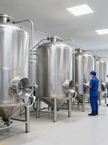 Wide shot of a spotless modern dairy processing plant, stainless steel milk tanks, workers in clean uniforms, bright natural light, sharp focus, 35mm
