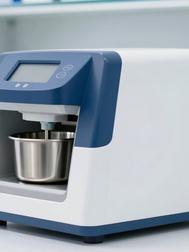 Modern stainless steel milk testing equipment inside a clean white laboratory, blue accent lighting, sharp focus