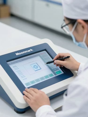 Close-up of a worker in a clean white Moonmark uniform inspecting a digital quality control board on a spotless factory floor, bright daylight