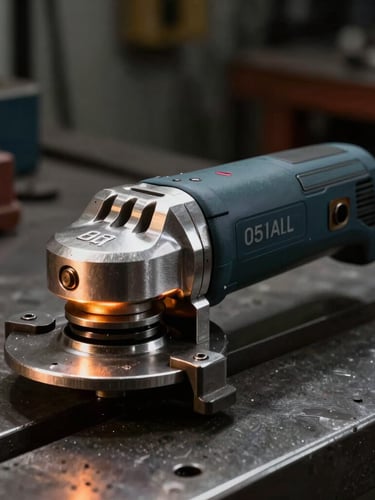 Macro shot of a heavy-duty pneumatic die grinder on a dark metal workbench, dramatic amber rim-lighting highlighting the hardened steel housing and laser-etched serial number, low-key industrial workshop background.
