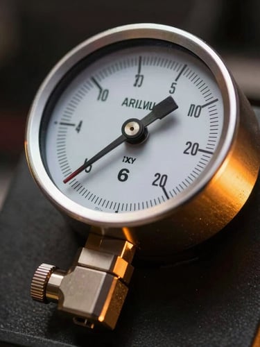 Macro shot of a high-precision pressure gauge needle holding rock-steady at exactly 6-bar on a dark calibration rig, dramatic amber backlighting highlighting machined steel edges.