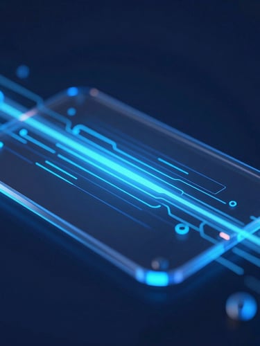 Sleek 3D render, dark midnight blue background, glowing neon electric blue accents, abstract digital data streams, high-tech aesthetic, portrait orientation, close-up macro shot of glass-like interface.