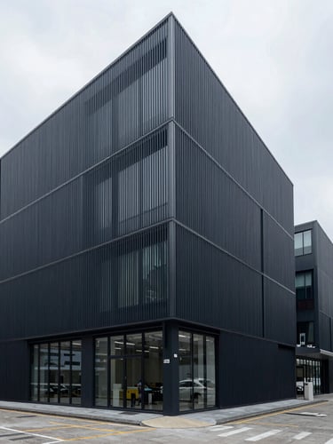 Straight-on architectural view of a modern logistics office in Hong Kong, cool overcast daylight, organized and professional atmosphere, realistic