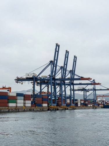 Wide environmental shot of a clean, modern deep-water container terminal in Hong Kong, cool overcast daylight, desaturated navy tones, realistic