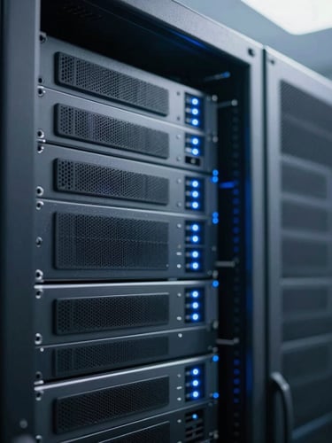 Macro detail shot of a clean modern server rack with cool blue indicator lights, architectural lines, 35mm