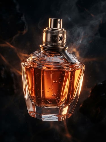 Extreme close-up of a luxury perfume bottle suspended in an abstract dark environment, dramatic studio rim-lighting, orange volumetric glow, sharp textures, 8k