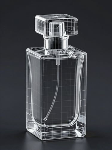 3D CAD wireframe model of a geometric perfume bottle, vector lines on dark gray background, technical blueprint style