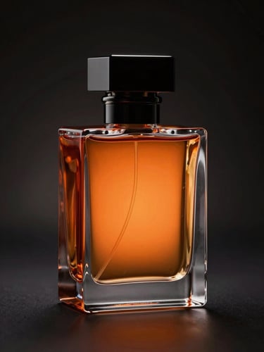 Final hyper-realistic render of the geometric perfume bottle, dark glass with orange liquid inside, dramatic studio rim-lighting, 8k