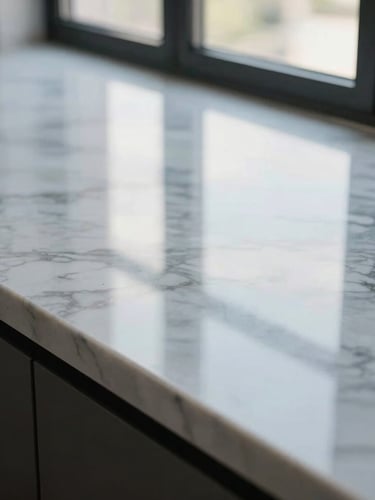 Macro shot of a pristine marble countertop reflecting bright daylight from a large window, spotless and polished to a mirror shine.