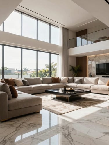 Wide-angle bright daylight shot of a modern luxury living room in Goiânia, large windows with natural light, immaculate marble floors reflecting the light, minimalist premium furniture.