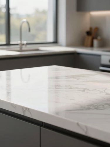 Close-up of a pristine white marble countertop reflecting natural sunlight from a large window, clean modern luxury kitchen environment, bright daylight.