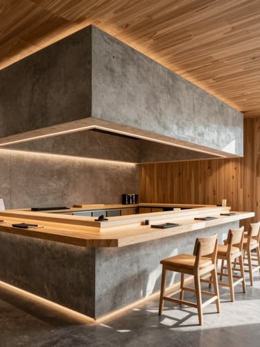 Wide-angle architectural photograph of Elsushi Doral interior, showcasing a sleek minimalist sushi bar with warm under-counter lighting, concrete finishes, and custom oak millwork, bright natural daylight streaming from the right, crisp focus.