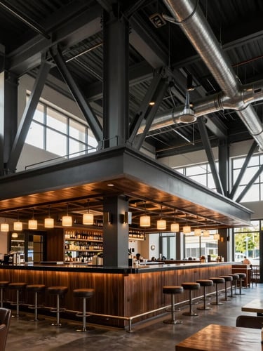 Wide-angle architectural photograph of the Pat & Phil restaurant interior in Doral, showcasing custom structural steel elements, high ceilings, and dramatic architectural lighting over the bar, crisp daylight filtering from the side.