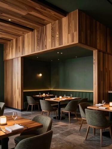 Wide-angle architectural photograph of a modern restaurant dining room in Miami, dramatic lighting, custom millwork, warm wood tones against dark green accents.