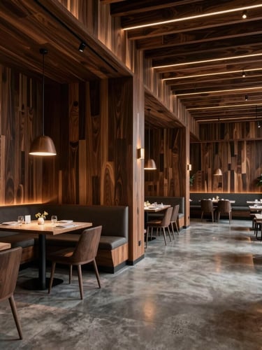 Wide-angle architectural photograph of the completed Soya restaurant dining room in Miami, dramatic pendant lighting casting warm glows on custom dark wood millwork, polished concrete floors, modern minimalist seating, clean geometric lines