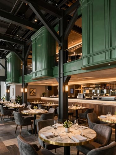 Wide-angle architectural shot of a finished modern restaurant dining room in Miami, structural steel accents, custom green millwork, dramatic warm lighting.
