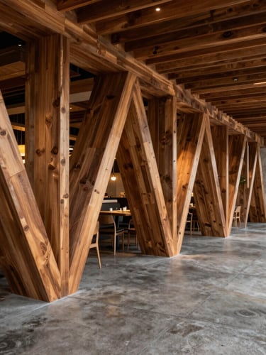 Wide-angle architectural shot of Soya Miami restaurant interior, dramatic geometric millwork, warm lighting, concrete floor, negative space on the right.