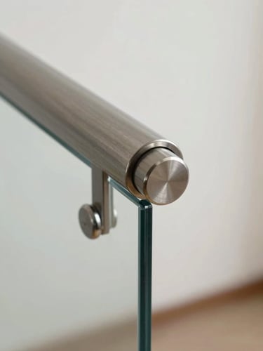 Extreme close-up of a point-fixed standoff fitting on a frameless glass railing — polished circular stainless hardware flush against clear glass edge, structural silicone joint visible, shot tight under soft north-facing studio light, white wall background, no people, no reflections
