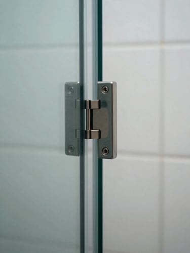 Extreme close-up of a frameless shower door hinge and glass edge, shot from the side in cool north-facing daylight — the polished stainless hardware connection visible against the transparent glass edge, white tile wall in the far background, no people, no reflections