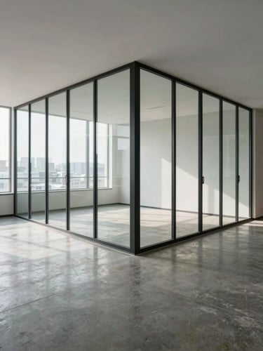Wide environmental shot of a finished commercial office interior with full-height frameless glass partition walls — empty space, no people, polished concrete floor, white ceiling, daylight from the left, the glass boundary defining two zones while the space reads as continuous, shot from the corner to show depth of the partition system