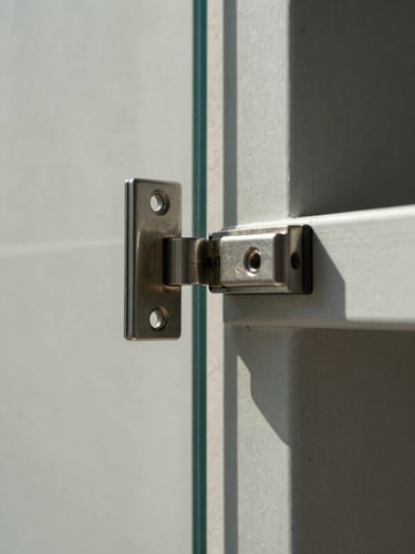 Extreme close-up of a polished stainless pivot hinge mounted flush to a thick frameless glass panel edge, shot from a low angle in even north-facing daylight — the glass edge and hardware connection fill the frame, concrete wall visible behind, no people, no reflections