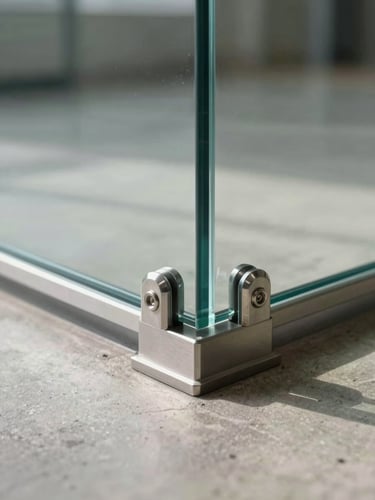 Tight close-up of a glass railing structural base channel connection, stainless point-fixed hardware at the base of a clear frameless glass panel, concrete floor substrate visible, soft north-facing daylight from above, camera at floor level looking up along the glass edge — engineering detail in sharp focus, room environment blurred behind