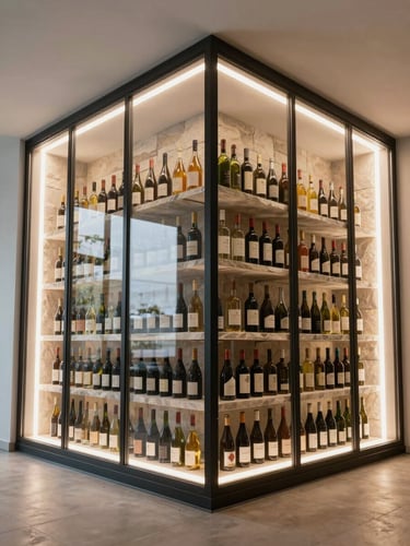Wide frameless wine room enclosure shot from low angle, full-height glass panels meeting at a clean structural corner, daylit interior with stone shelving visible through the glass, north-facing soft white light, tight on the frameless corner joint where two panels meet without hardware