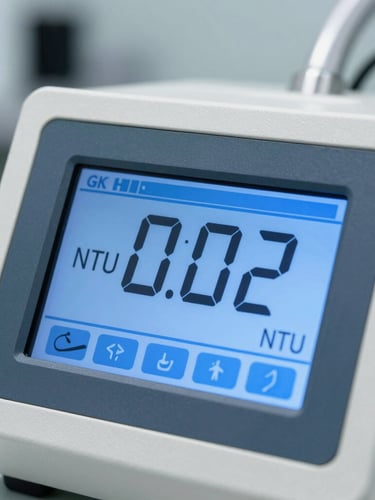 Macro detail shot of a digital water analyzer screen displaying 0.02 NTU turbidity under bright utility lighting, crisp blue interface, clean industrial background.