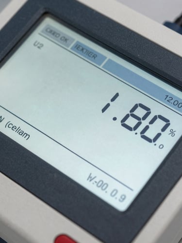 Macro close-up of a digital water analyzer screen displaying precise metrics, bright clean utility lighting, high-contrast details of the interface.
