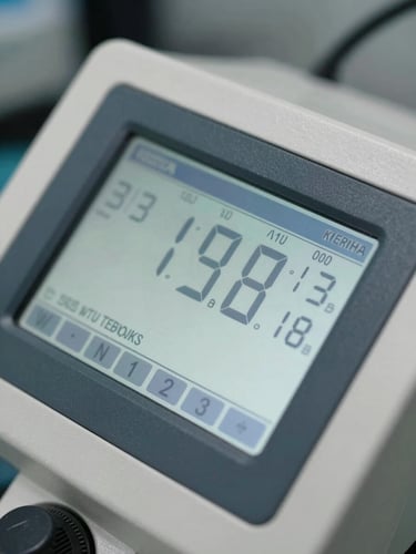 Macro close-up of a digital water analyzer screen showing precise decimal metrics, high-contrast utility lighting on a clean instrumentation panel