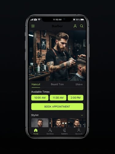 High-fidelity mobile mockup of a local barber booking website, sharp studio lighting, deep obsidian background, crisp focus, 35mm