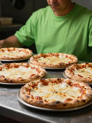 Crisp editorial photograph of a busy pizza kitchen pass with fresh pies, high-contrast studio light, sharp focus, 35mm
