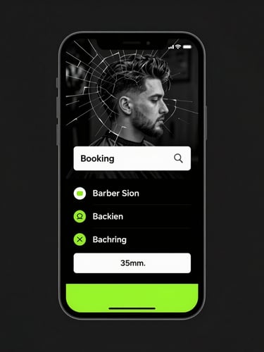 Straight-on clean mobile device mockup showing a local barber booking flow on a cracked screen, high-contrast studio light, sharp focus, 35mm