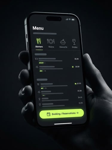 Crisp close-up of a modern smartphone displaying a clean local restaurant menu with an obvious green booking button, high-contrast studio lighting, dark background