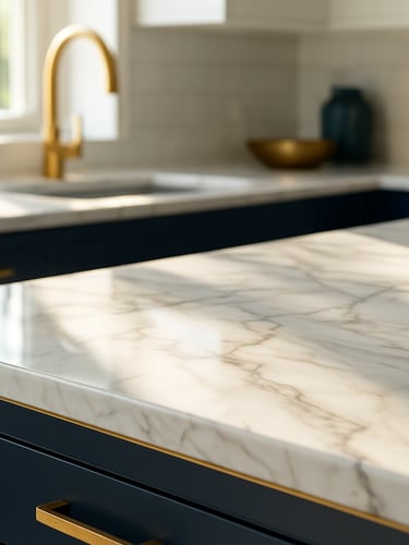 Elegant close-up of light reflecting on a polished marble kitchen island, warm gold accents, bright natural daylight, 35mm