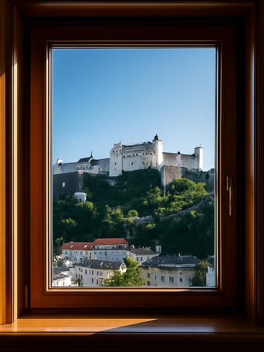 Premium interior photography of a pristine, streak-free glass window pane looking out to the historic Salzburg fortress under bright morning daylight. Soft warm gold reflections on the polished wooden frame, crystal-clear glass, 35mm, high contrast.
