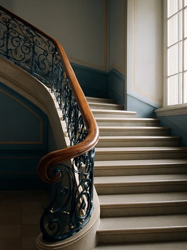Elegant historic staircase in Salzburg, polished wooden handrail, gleaming stone steps, bright natural daylight streaming through a tall window, 35mm photography