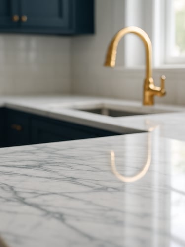 Close-up of a polished marble countertop in a high-end kitchen, soft natural light reflecting off the flawless stone, gold faucet in the background, clean reflections, 35mm