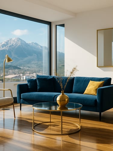 Bright modern Salzburg penthouse apartment living room, natural daylight casting soft shadows, polished wood floor reflecting mountain views, minimalist gold decor, 35mm photography