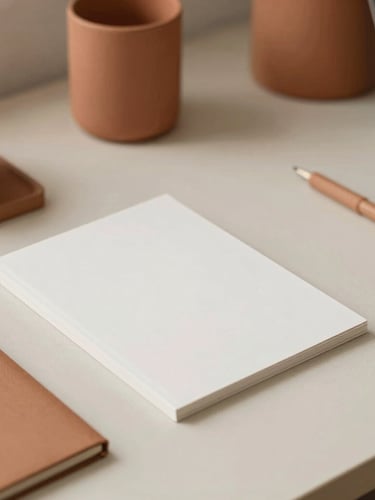 A minimalist workspace with elegant stationery mockups, warm side-lighting, terracotta accents, clean composition, editorial depth of field, 35mm